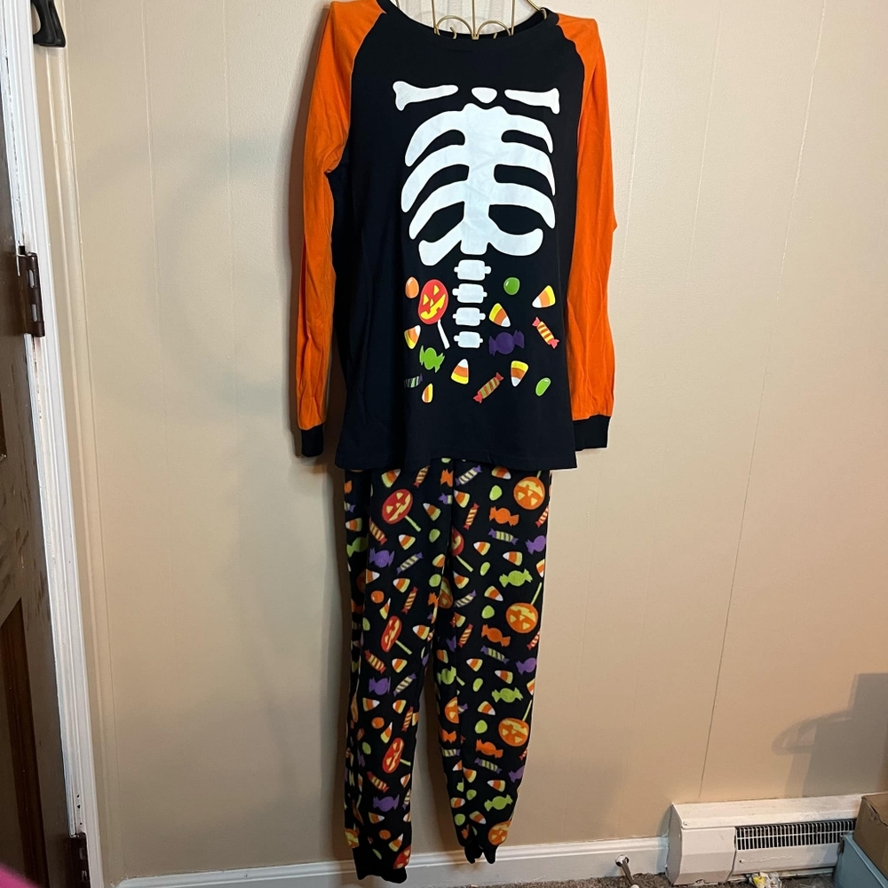 Halloween Skeleton and Candy Corn Two Piece Pajama Set with Fleece Bottoms